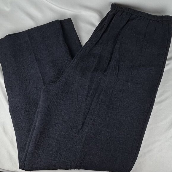 Eileen Fisher Dark Blue Lightweight Viscose Linen Wide Leg Pants L Button Crepe - Picture 2 of 5